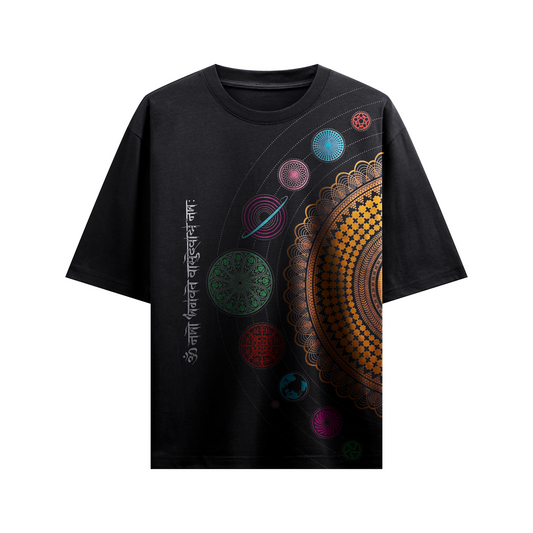 Black Cosmic Mandala T-Shirt with Sanskrit Mantra | Spiritual Oversized Tee for Men & Women