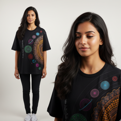 Black Cosmic Mandala T-Shirt with Sanskrit Mantra | Spiritual Oversized Tee for Men & Women