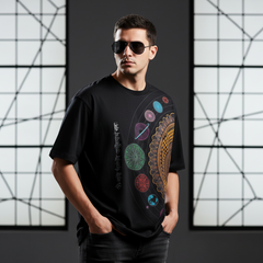 Black Cosmic Mandala T-Shirt with Sanskrit Mantra | Spiritual Oversized Tee for Men & Women