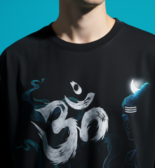 Black Om Shiva Oversized T-Shirt with Crescent Moon | Spiritual Streetwear Tee for Men & Women