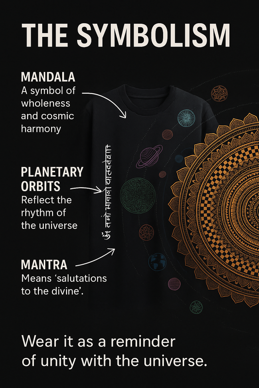 Black Cosmic Mandala T-Shirt with Sanskrit Mantra | Spiritual Oversized Tee for Men & Women