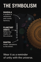 Black Cosmic Mandala T-Shirt with Sanskrit Mantra | Spiritual Oversized Tee for Men & Women