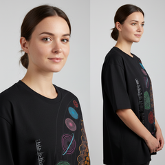 Black Cosmic Mandala T-Shirt with Sanskrit Mantra | Spiritual Oversized Tee for Men & Women