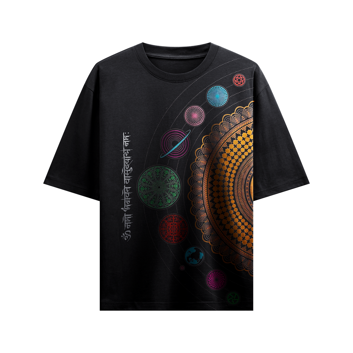Black Cosmic Mandala T-Shirt with Sanskrit Mantra | Spiritual Oversized Tee for Men & Women