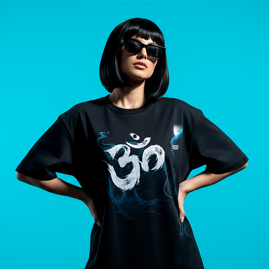 Black Om Shiva Oversized T-Shirt with Crescent Moon | Spiritual Streetwear Tee for Men & Women